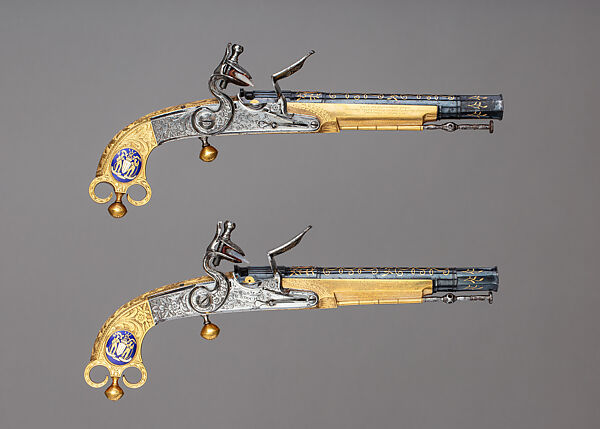 Pair of Flintlock Pistols of Scottish Type Presented to Jeffrey, 1st Baron Amherst (1717–1797), John Murdoch (Scottish, Doune, Perthshire, active 1750–died 1812), Steel, copper alloy, gold, enamel, agate, textile (silk), British, Doune (Scotland) and probably London