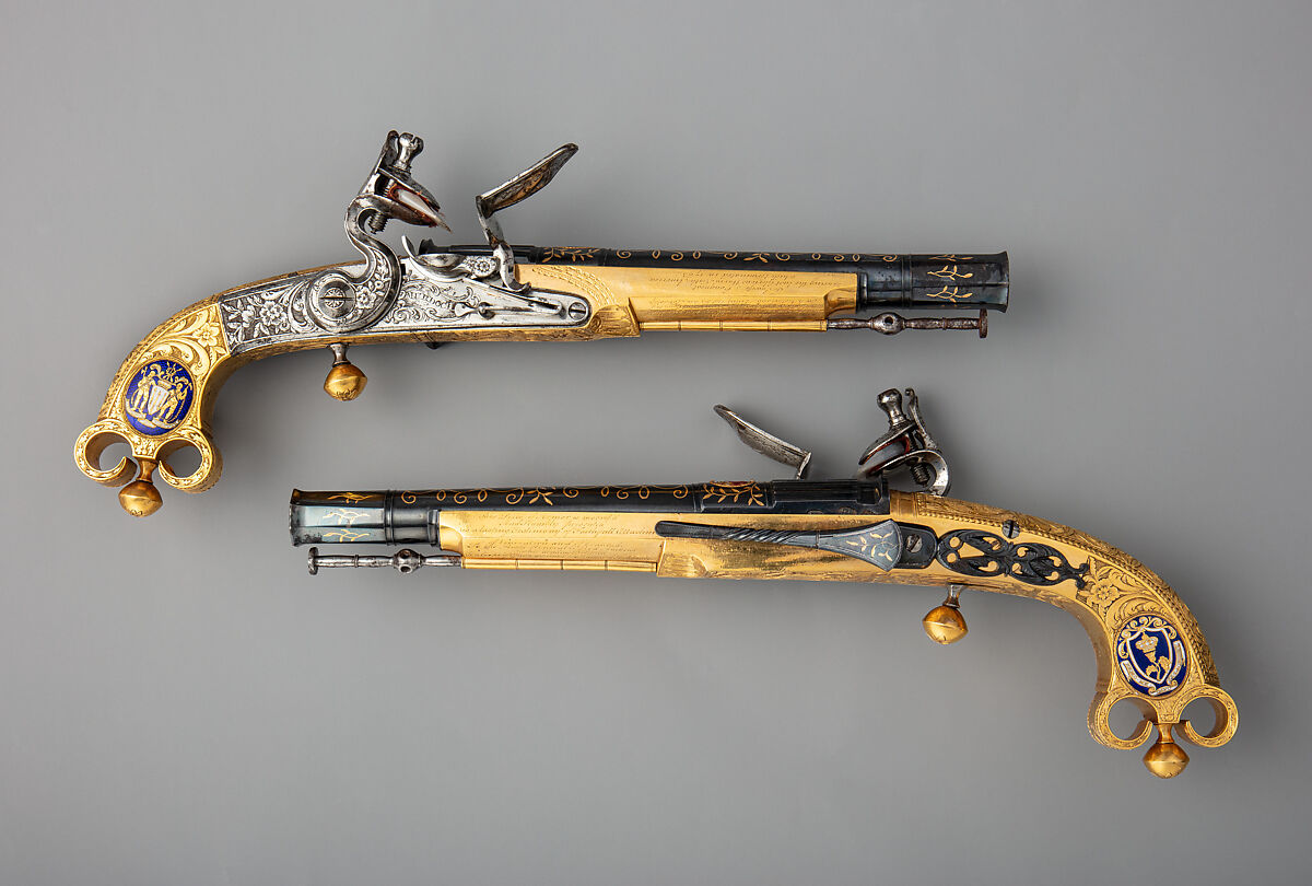 Pair of Flintlock Pistols of Scottish Type Presented to Jeffrey, 1st Baron Amherst (1717–1797), John Murdoch  Scottish, Steel, copper alloy, gold, enamel, agate, textile (silk), British, Doune (Scotland) and probably London