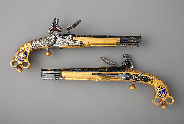 Pair of Flintlock Pistols of Scottish Type Presented to Jeffrey, 1st Baron Amherst (1717–1797), John Murdoch  Scottish, Steel, copper alloy, gold, enamel, agate, British, Doune (Scotland) and probably London