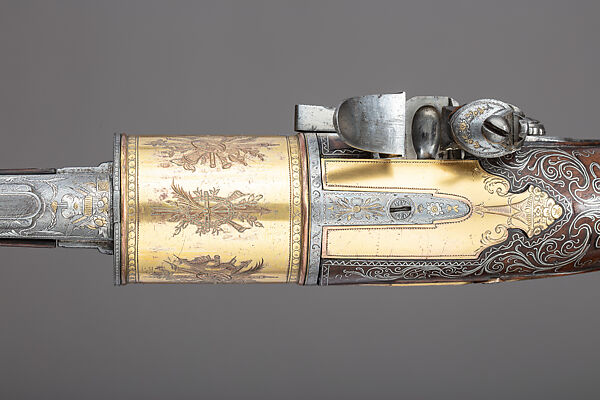 Pair of Flintlock Revolvers, Tula Arms Factory (Russian, Tula, 1712–Present), Steel, wood (walnut), copper alloy, gold, silver, horn, Russian, Tula