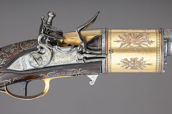 Pair of Flintlock Revolvers, Tula Arms Factory (Russian, Tula, 1712–Present), Steel, wood (walnut), copper alloy, gold, silver, horn, Russian, Tula