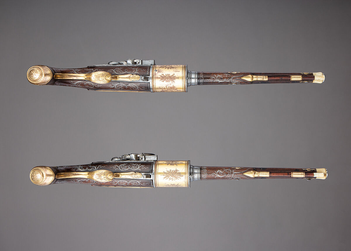 Pair of Flintlock Revolvers, Tula Arms Factory (Russian, Tula, 1712–Present), Steel, wood (walnut), copper alloy, gold, silver, horn, Russian, Tula