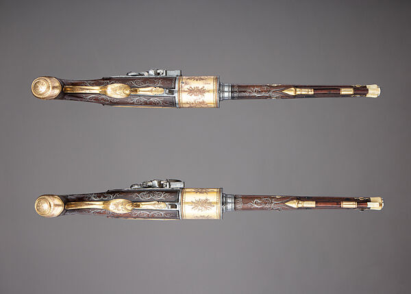 Pair of Flintlock Revolvers, Tula Arms Factory (Russian, Tula, 1712–Present), Steel, wood (walnut), copper alloy, gold, silver, horn, Russian, Tula