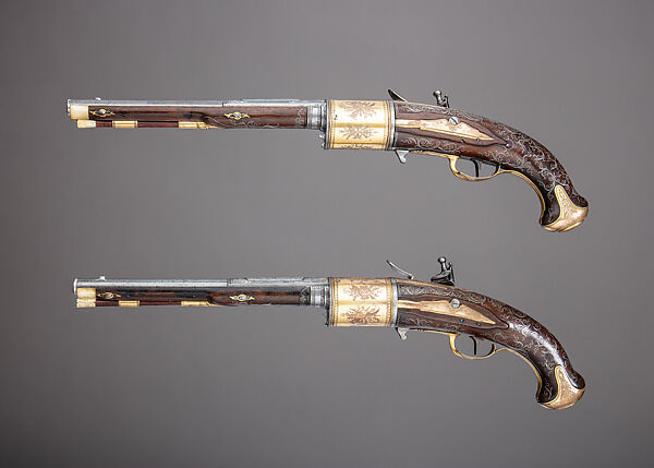 Pair of Flintlock Revolvers, Tula Arms Factory (Russian, Tula, 1712–Present), Steel, wood (walnut), copper alloy, gold, silver, horn, Russian, Tula