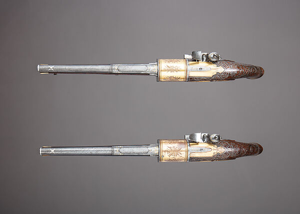 Pair of Flintlock Revolvers, Tula Arms Factory (Russian, Tula, 1712–Present), Steel, wood (walnut), copper alloy, gold, silver, horn, Russian, Tula