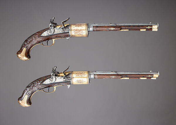 Pair of Flintlock Revolvers, Tula Arms Factory (Russian, Tula, 1712–Present), Steel, wood (walnut), copper alloy, gold, silver, horn, Russian, Tula