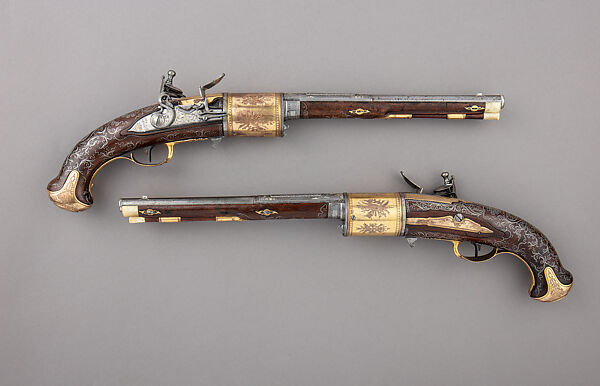 Pair of Flintlock Revolvers, Tula Arms Factory  Russian, Steel, wood (walnut), copper alloy, gold, silver, horn, Russian, Tula
