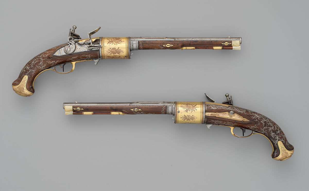 Pair of Flintlock Revolvers, Tula Arms Factory (Russian, Tula, 1712–Present), Steel, wood (walnut), copper alloy, gold, silver, horn, Russian, Tula