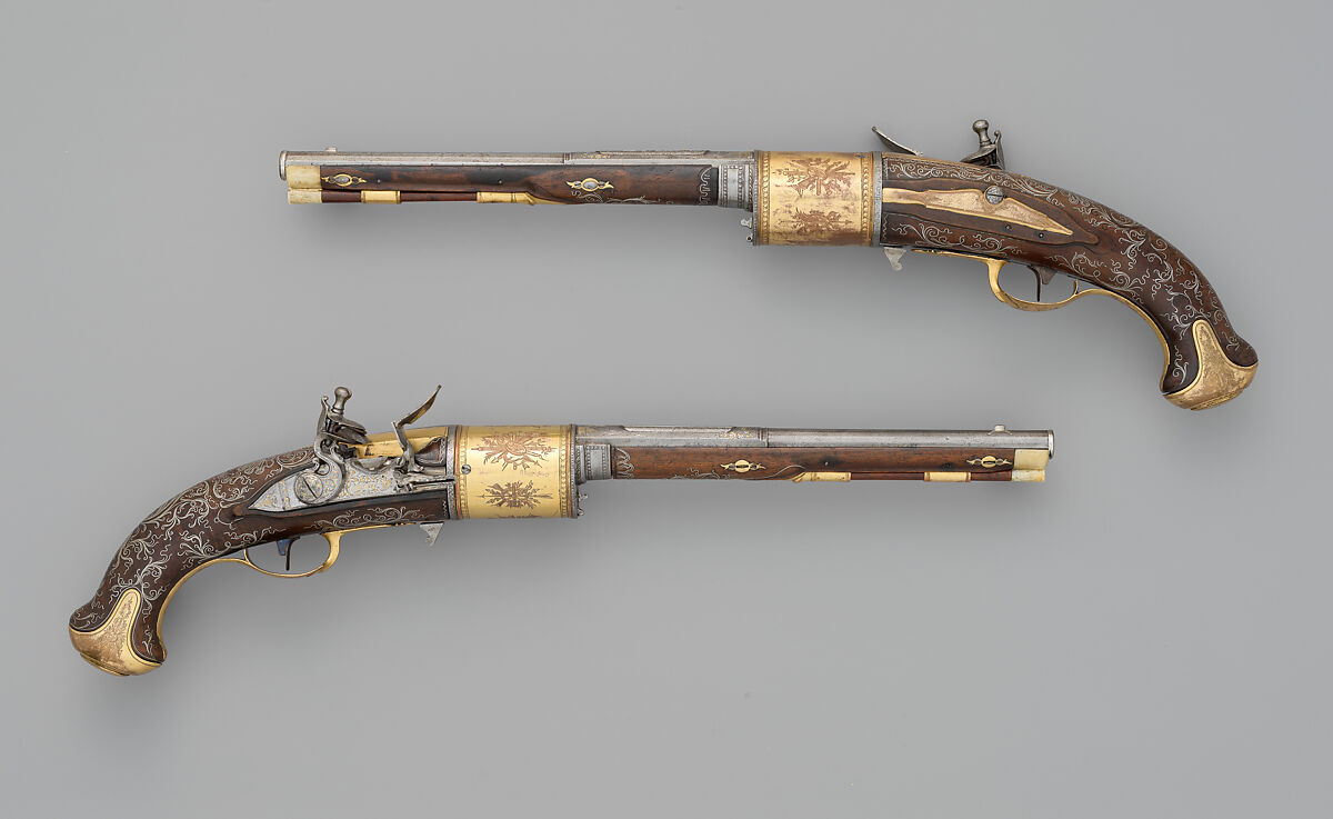 Pair of Flintlock Revolvers, Tula Arms Factory (Russian, Tula, 1712–Present), Steel, wood (walnut), copper alloy, gold, silver, horn, Russian, Tula