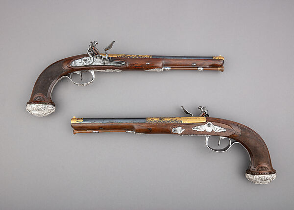 Cased Pair of Flintlock Pistols Presented to Captain Cayetano Valdés y Flores, Nicolas Noël Boutet (French, Versailles and Paris, 1761–1833), Steel, wood, silver, gold, copper alloy, leather, textile, French, Versailles