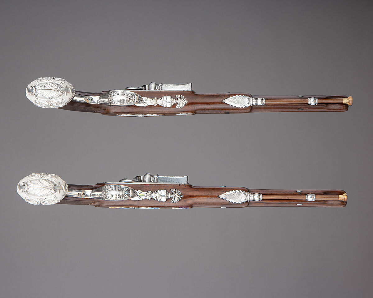 Cased Pair of Flintlock Pistols Presented to Captain Cayetano Valdés y Flores, Nicolas Noël Boutet (French, Versailles and Paris, 1761–1833), Steel, wood, silver, gold, copper alloy, leather, textile, French, Versailles