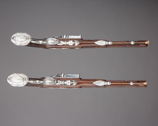 Cased Pair of Flintlock Pistols Presented to Captain Cayetano Valdés y Flores, Nicolas Noël Boutet (French, Versailles and Paris, 1761–1833), Steel, wood, silver, gold, copper alloy, leather, textile, French, Versailles