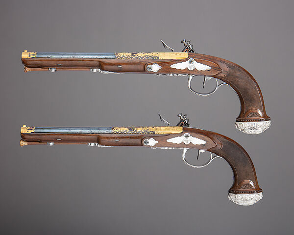 Cased Pair of Flintlock Pistols Presented to Captain Cayetano Valdés y Flores, Nicolas Noël Boutet (French, Versailles and Paris, 1761–1833), Steel, wood, silver, gold, copper alloy, leather, textile, French, Versailles