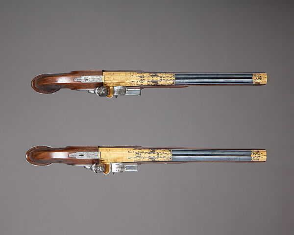 Cased Pair of Flintlock Pistols Presented to Captain Cayetano Valdés y Flores, Nicolas Noël Boutet (French, Versailles and Paris, 1761–1833), Steel, wood, silver, gold, copper alloy, leather, textile, French, Versailles