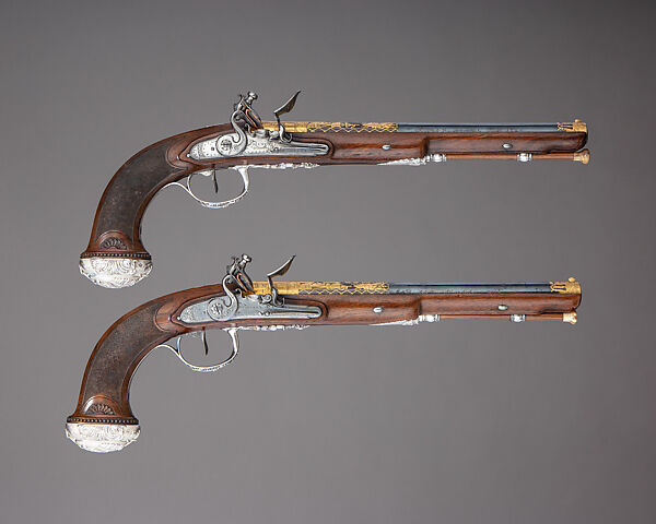 Cased Pair of Flintlock Pistols Presented to Captain Cayetano Valdés y Flores, Nicolas Noël Boutet (French, Versailles and Paris, 1761–1833), Steel, wood, silver, gold, copper alloy, leather, textile, French, Versailles