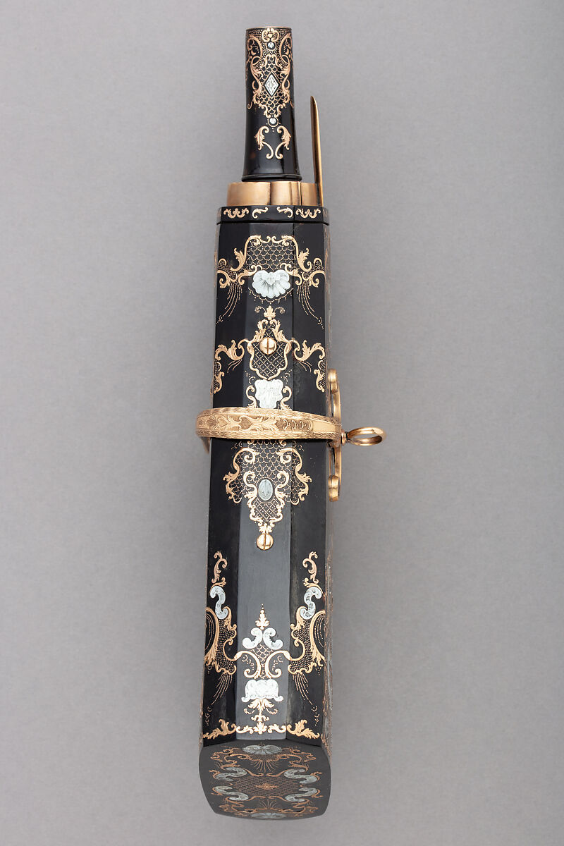 Powder Flask, Wood, tortoiseshell, mother-of-pearl, gold, Italian, Naples