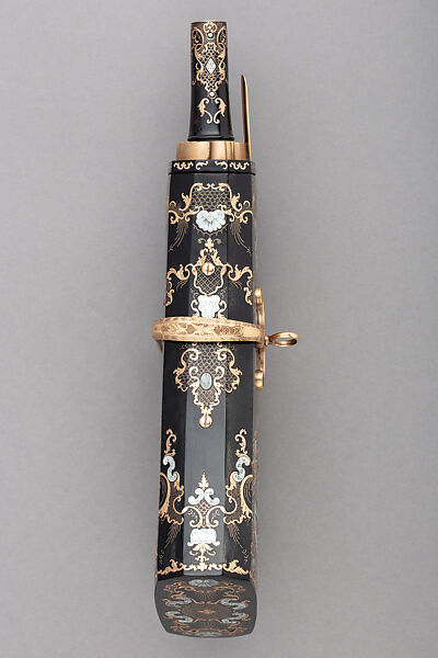 Powder Flask, Wood, tortoiseshell, mother-of-pearl, gold, Italian, Naples
