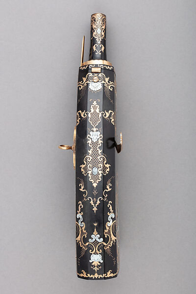 Powder Flask, Wood, tortoiseshell, mother-of-pearl, gold, Italian, Naples