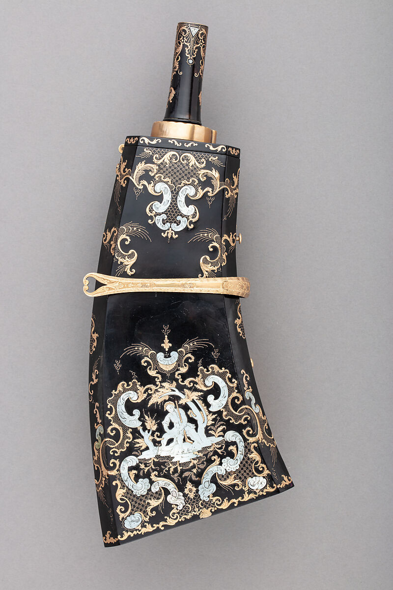 Powder Flask, Wood, tortoiseshell, mother-of-pearl, gold, Italian, Naples