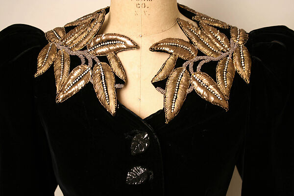 Evening jacket, Schiaparelli (French, founded 1927), silk, metallic thread, plastic (cellulose nitrate, phenolic resin, polyvinyl acetate, epoxy resin), French