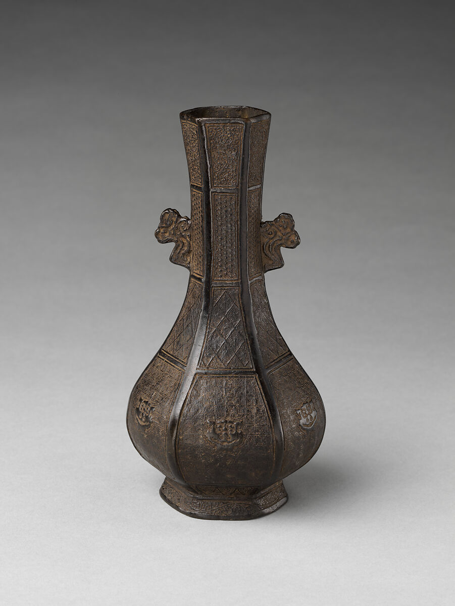 Hexagonal vase with cloud-shaped handles, Copper alloy, China