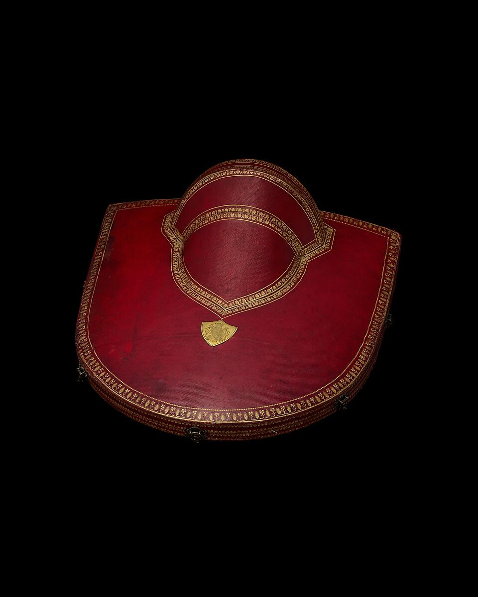 Fifteen-piece parure in leather case, Cut steel; red moroccan leather, gilt stamped, French