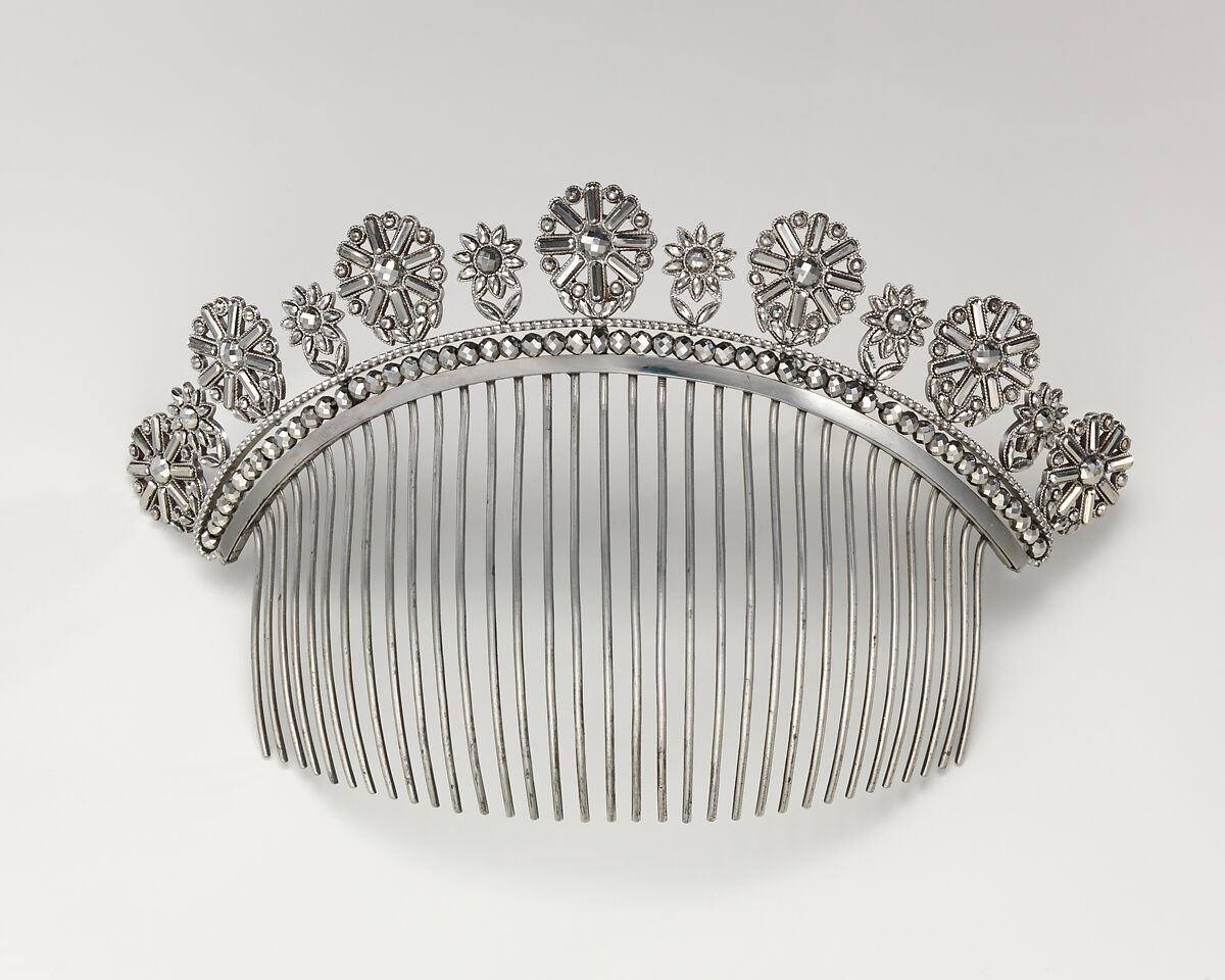 Fifteen-piece parure in leather case, Cut steel; red moroccan leather, gilt stamped, French