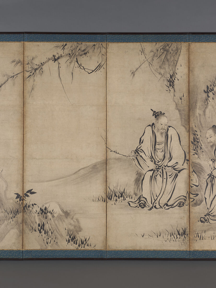Chinese Sages, Attributed to Kano Sanraku (Japanese, 1559–1635), Pair of six-panel folding screens; ink on paper, Japan