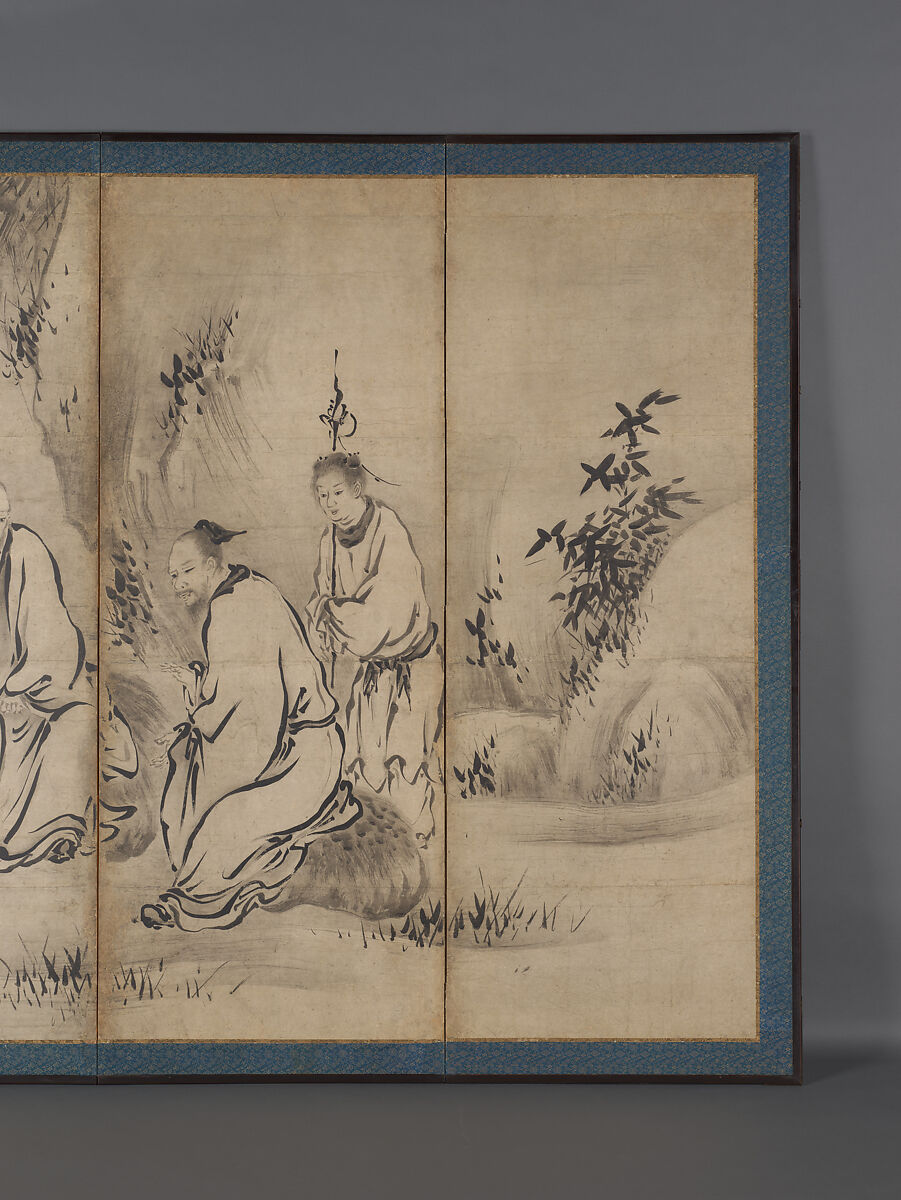 Chinese Sages, Attributed to Kano Sanraku (Japanese, 1559–1635), Pair of six-panel folding screens; ink on paper, Japan