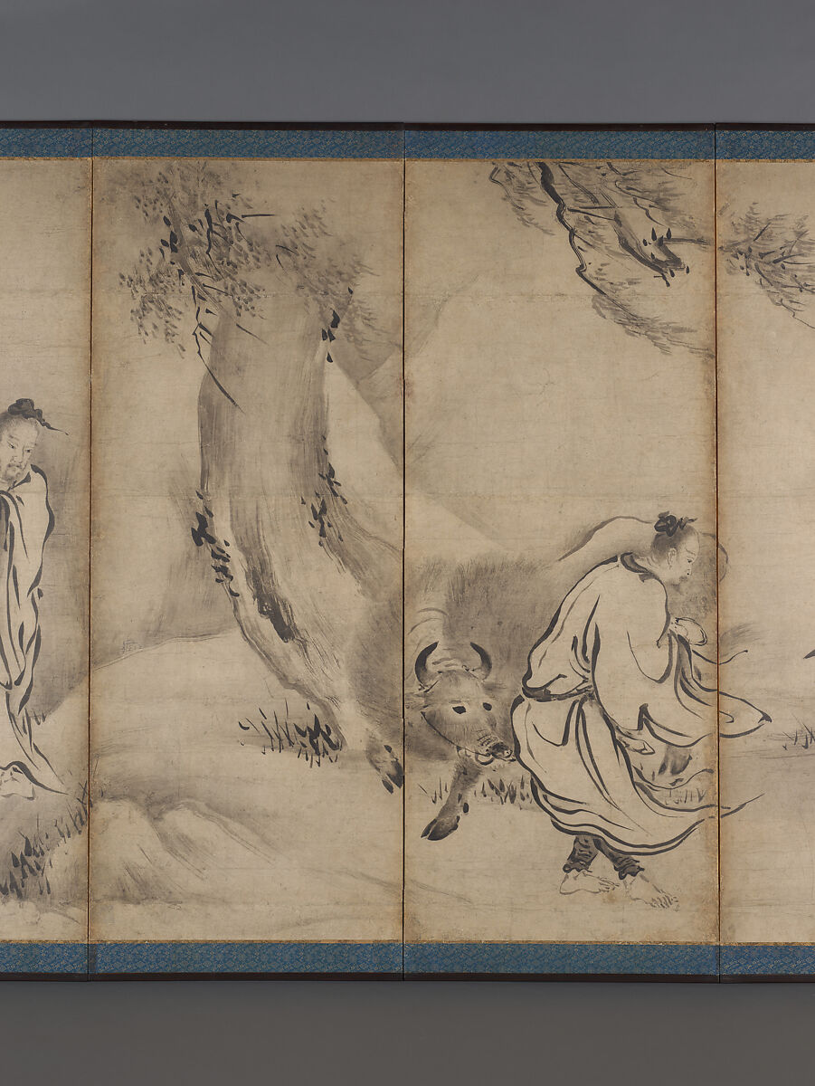 Chinese Sages, Attributed to Kano Sanraku (Japanese, 1559–1635), Pair of six-panel folding screens; ink on paper, Japan