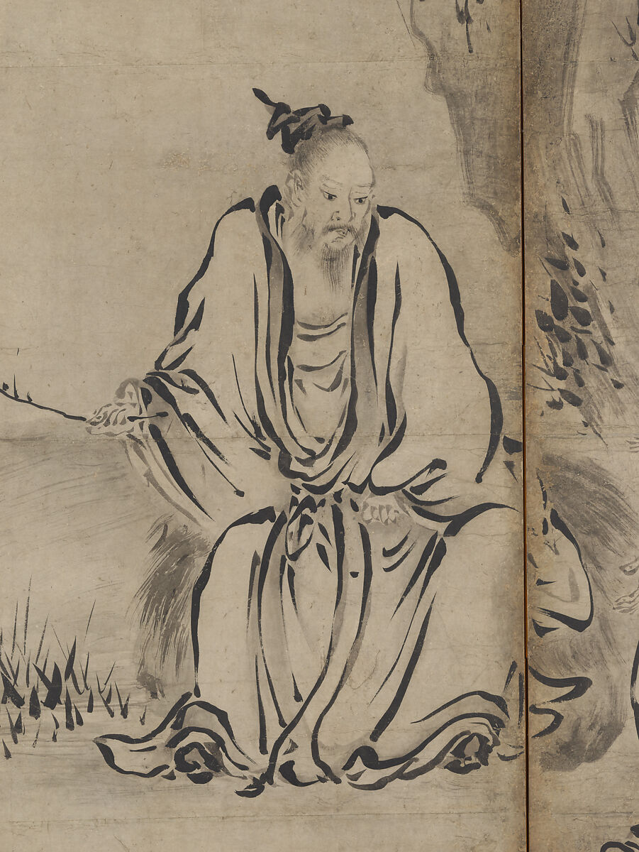 Chinese Sages, Attributed to Kano Sanraku (Japanese, 1559–1635), Pair of six-panel folding screens; ink on paper, Japan