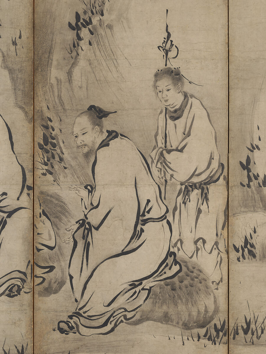 Chinese Sages, Attributed to Kano Sanraku (Japanese, 1559–1635), Pair of six-panel folding screens; ink on paper, Japan