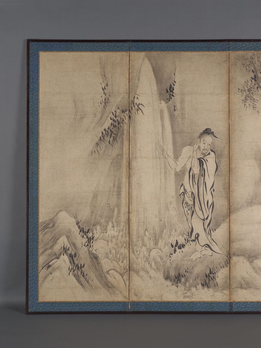 Chinese Sages, Attributed to Kano Sanraku (Japanese, 1559–1635), Pair of six-panel folding screens; ink on paper, Japan