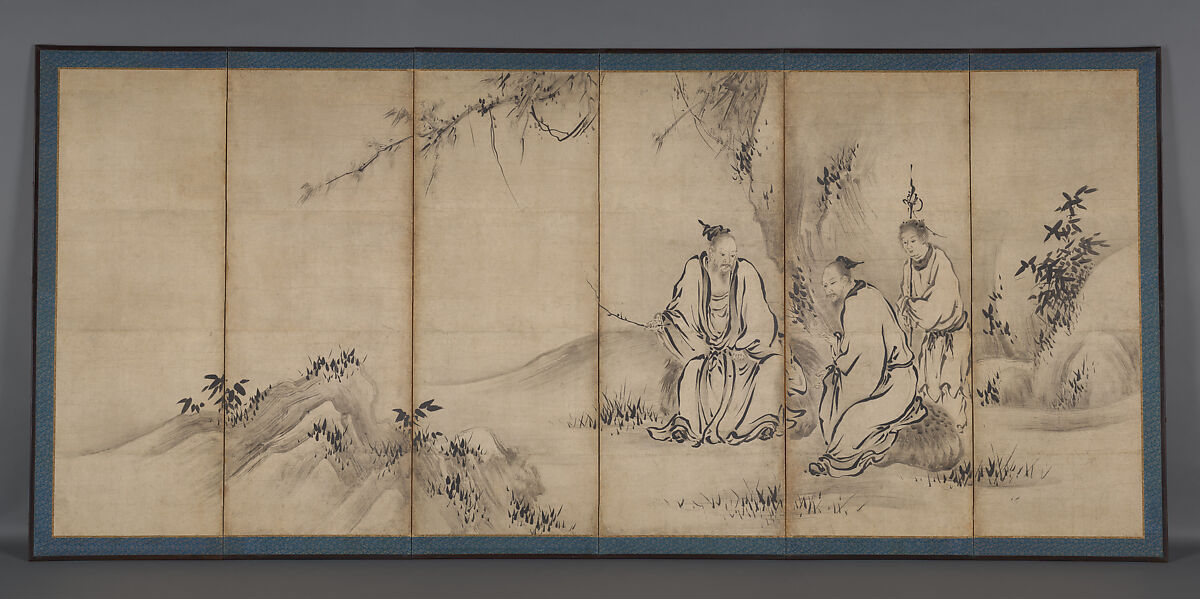 Chinese Sages, Attributed to Kano Sanraku (Japanese, 1559–1635), Pair of six-panel folding screens; ink on paper, Japan