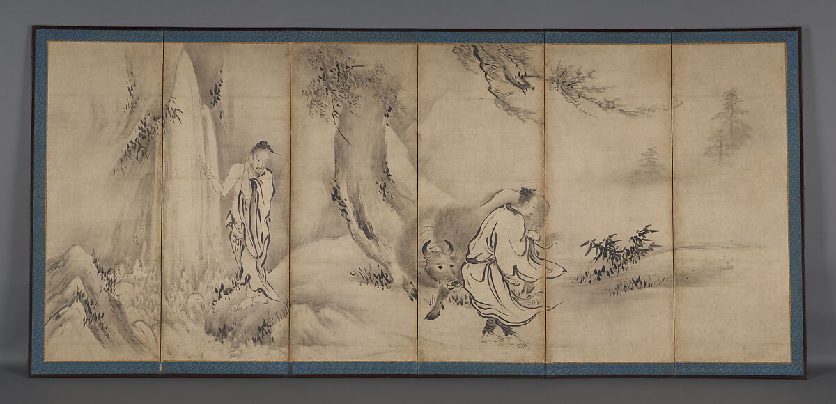 Chinese Sages, Attributed to Kano Sanraku (Japanese, 1559–1635), Pair of six-panel folding screens; ink on paper, Japan