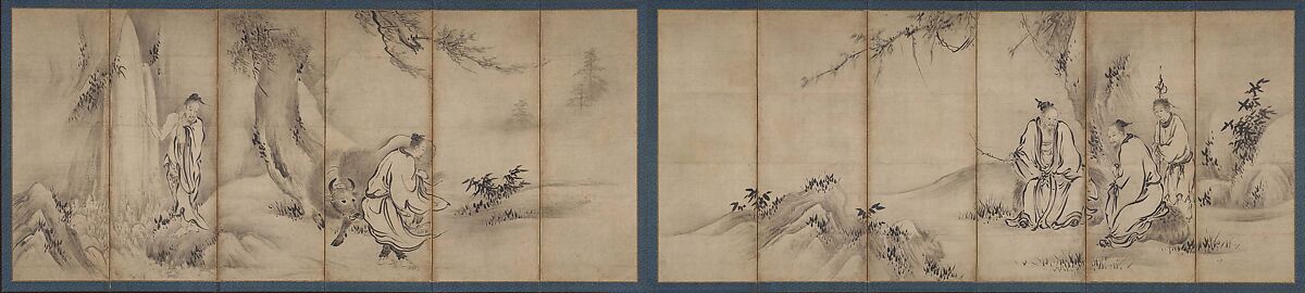 Chinese Sages, Attributed to Kano Sanraku (Japanese, 1559–1635), Pair of six-panel folding screens; ink on paper, Japan 