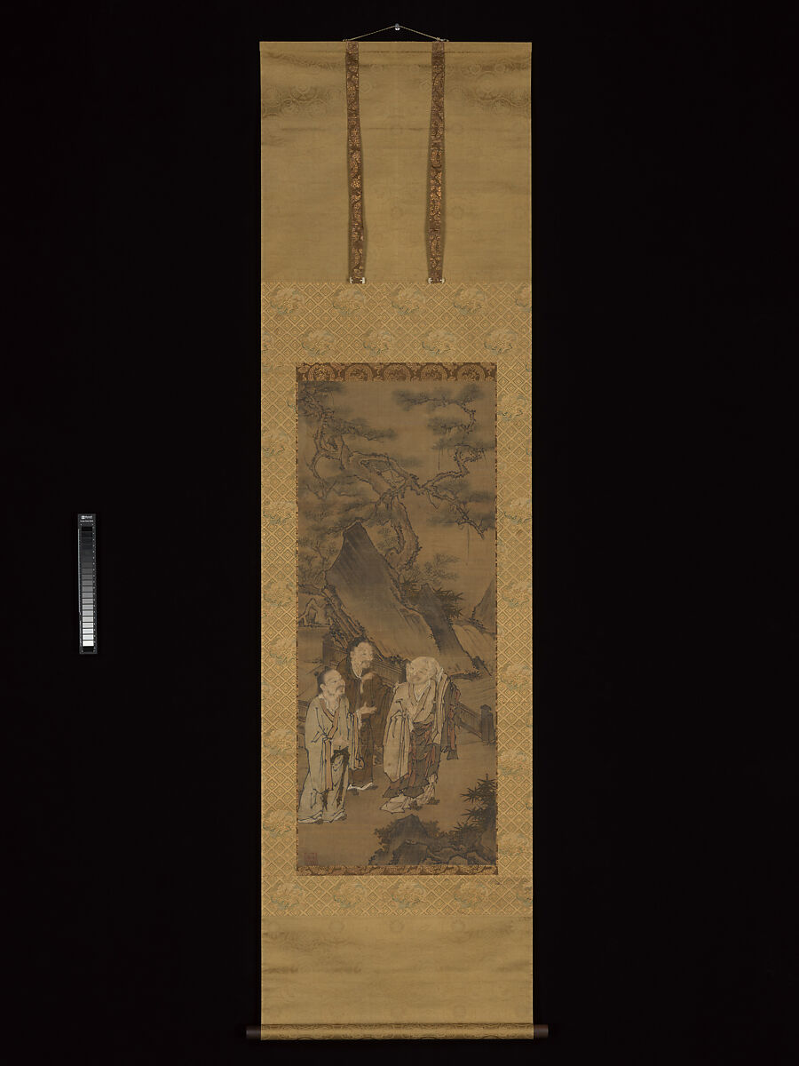 Three Laughers of Tiger Ravine, Sekishō Shōan 石樵昌安 (Japanese, active mid-16th century), Hanging scroll; ink, color, and gold on silk, Japan