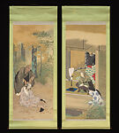 Monk Ippen Giving a Warrior the Tonsure and His Wife as a Lay Buddhist Nun, Yamada Shinzan 山田真山 (Japanese, 1887–1977), Pair of hanging scrolls; ink, color, and gold on silk, Japan 