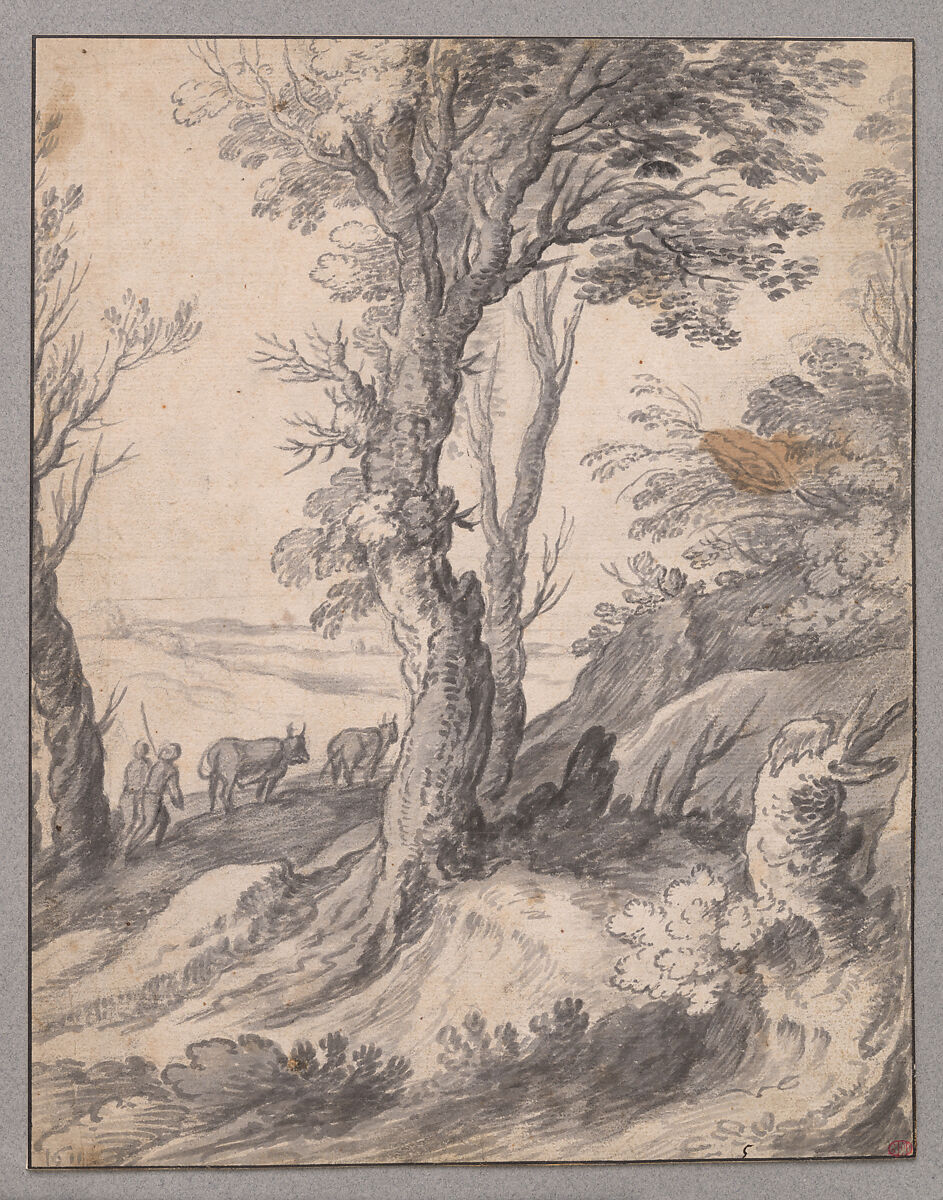 Landscape with a Large Tree, Paul Bril (Netherlandish, Breda (?) 1553/54–1626 Rome), Brush and black wash over black chalk 