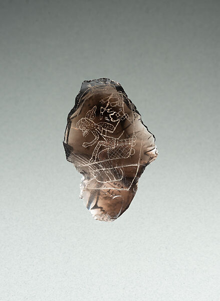 Incised flake with deity image, Obsidian, Maya 