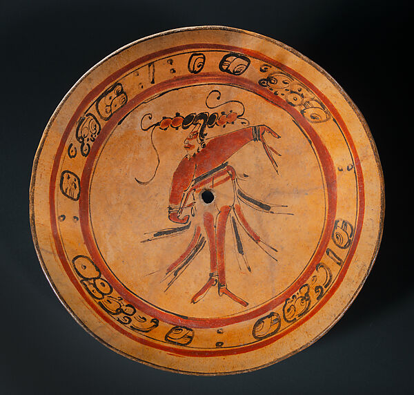 Plate with dancing Maize God, Ceramic, pigment, Maya