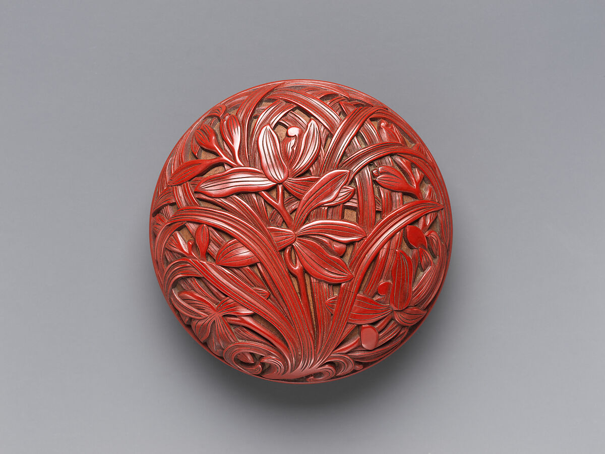 Box with narcissus, Carved red lacquer, China or Japan
