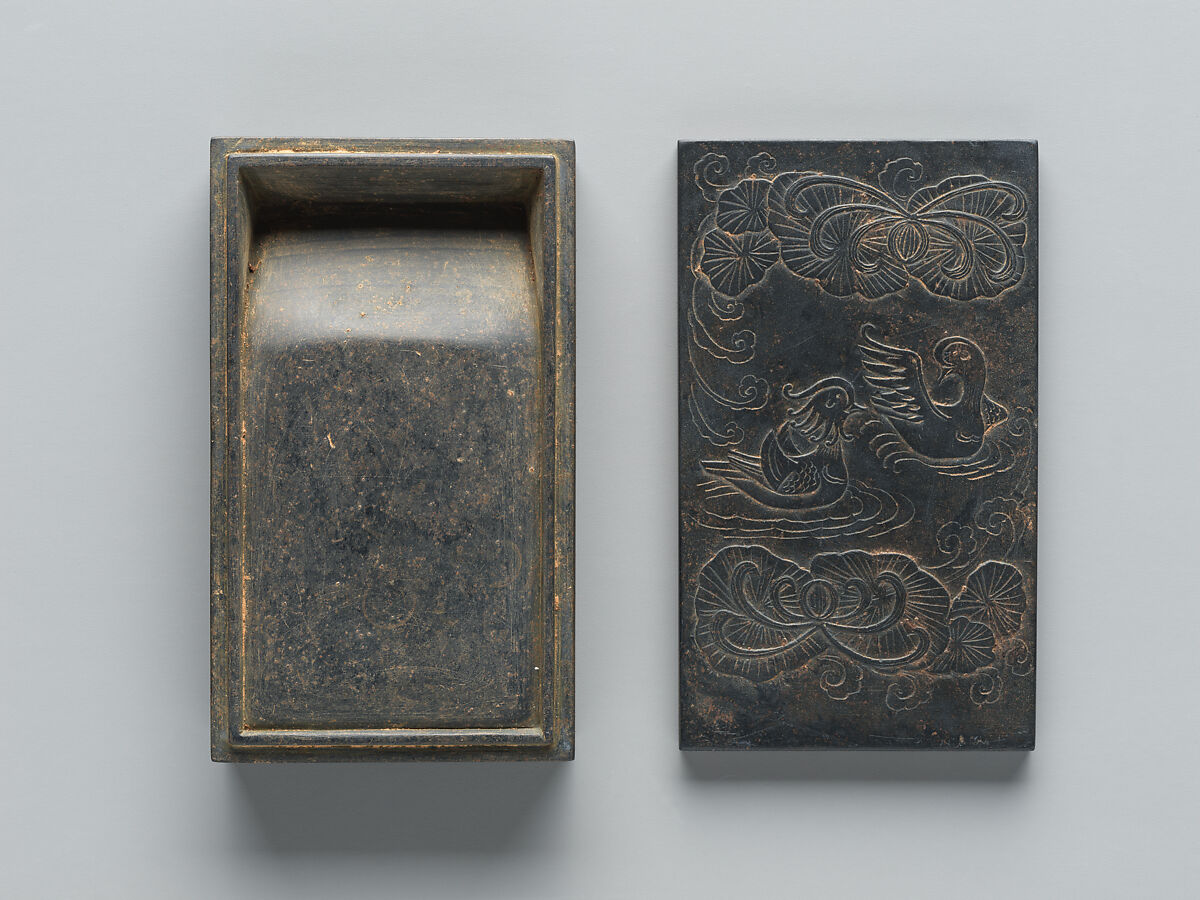 Inkstone and cover with mandarin ducks in a lotus pond, She stone, China
