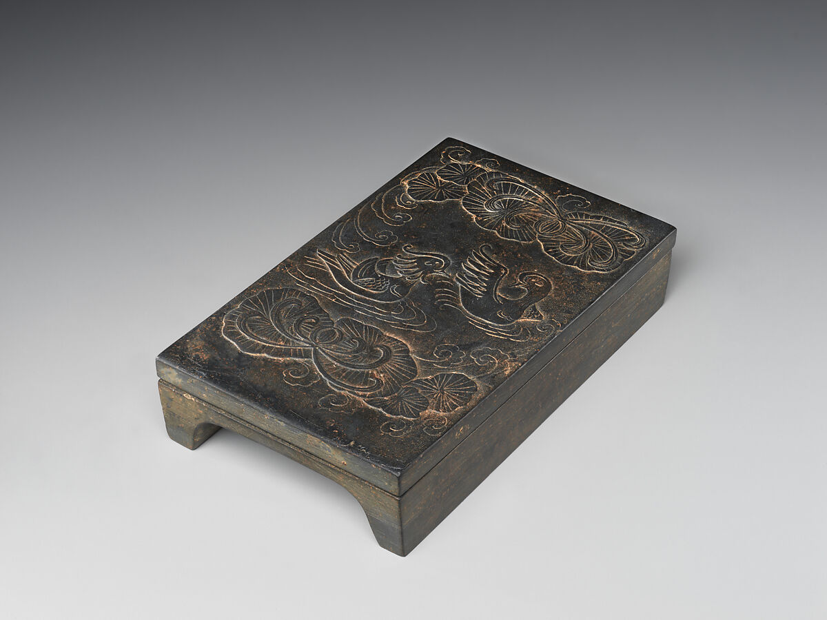 Inkstone and cover with mandarin ducks in a lotus pond, She stone, China 