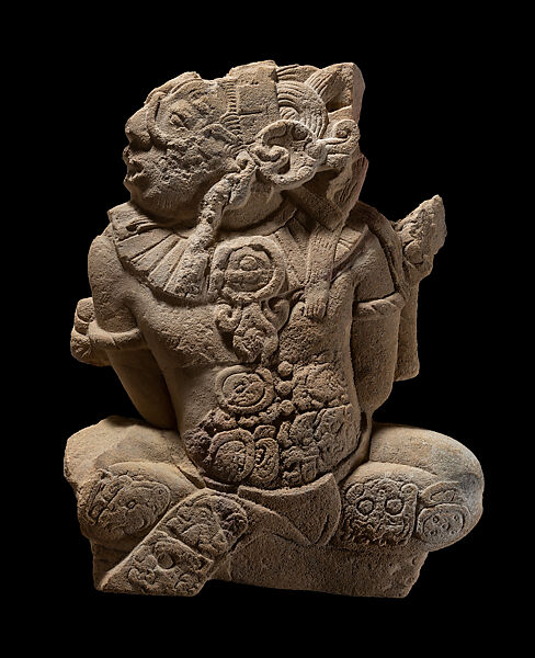 Muwaan Bahlam as captive impersonating jaguar deity, Sandstone, Maya 