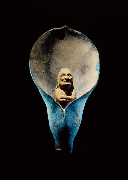 Ancestor emerging from a flower, Ceramic, pigment, Maya 