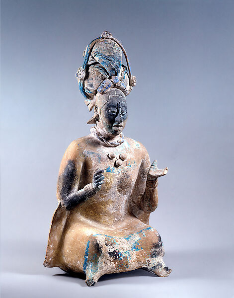 Seated female, Ceramic, pigment, Maya