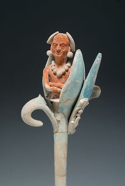 Whistle with an old man emerging from a flower, Ceramic, pigment, Maya 