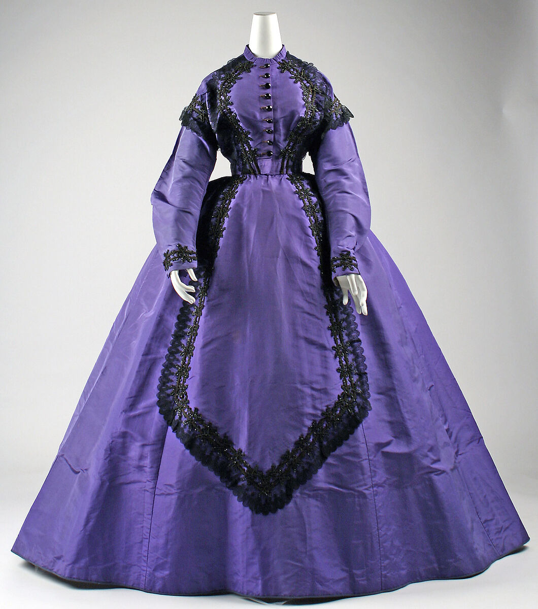 Visiting dress, silk, cotton, glass, American 