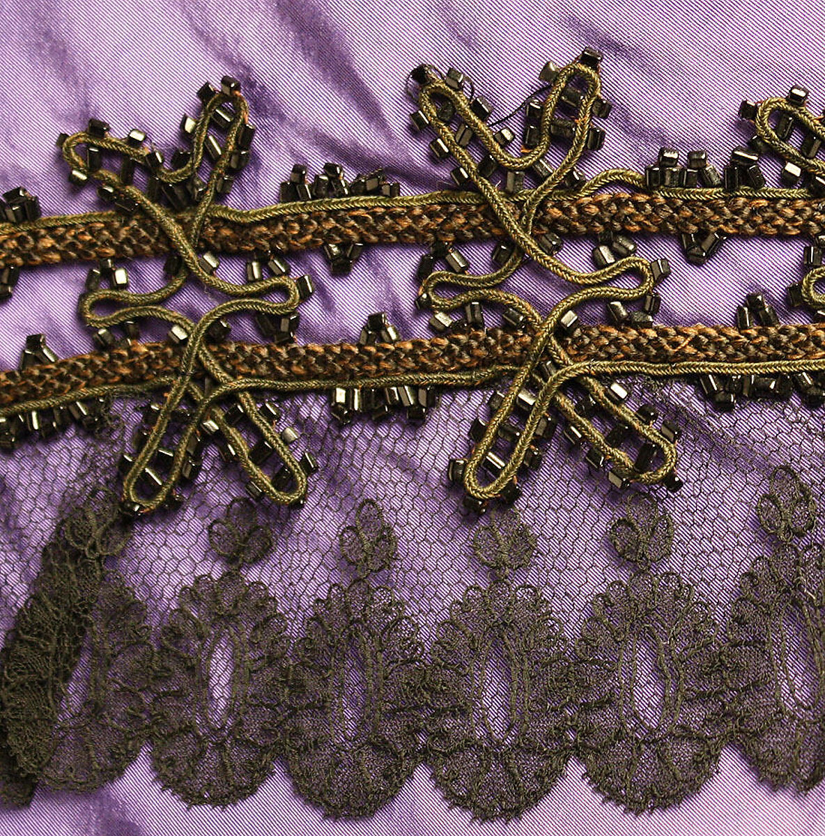 Visiting dress, silk, cotton, glass, American